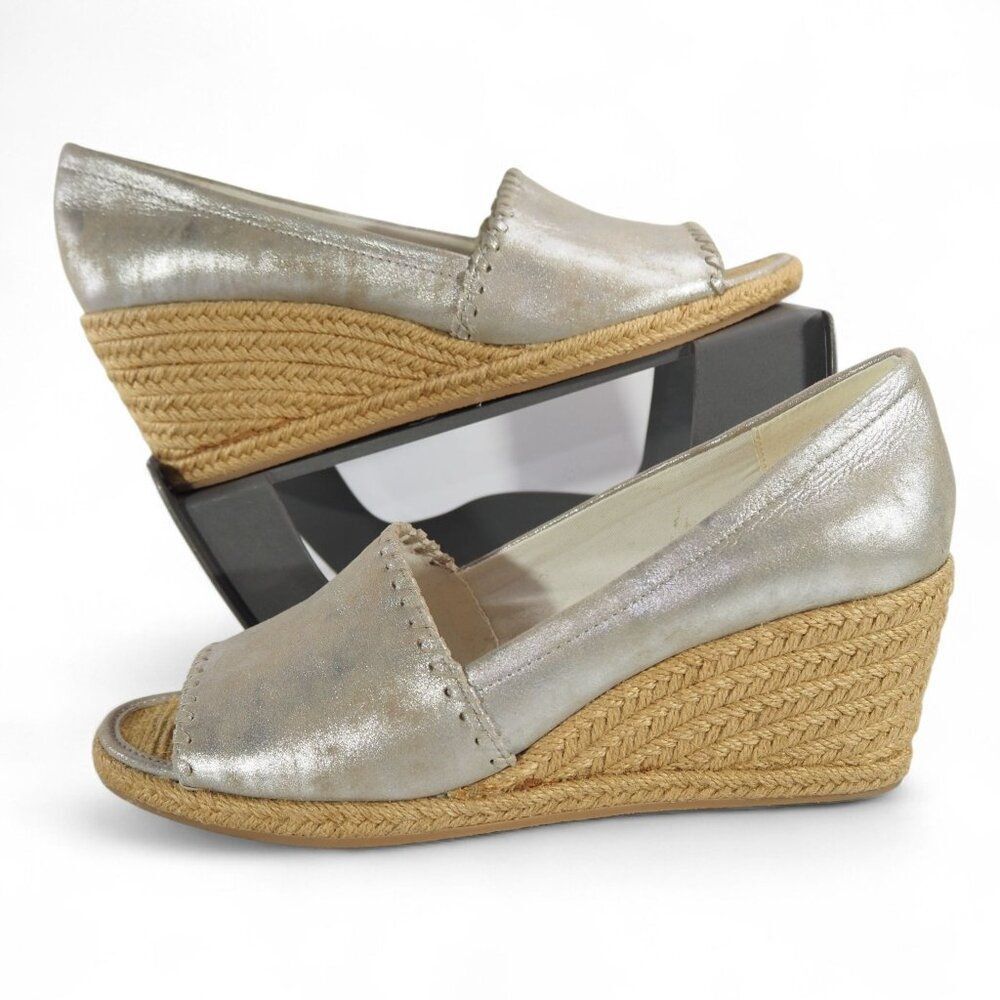 Jack Rogers Palmer Wedge Espadrilles Heels‎ Women's 9M Shimmer Silver